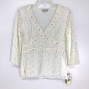 NEW Med 3/4 Sleeve Lace Sequence Off-White V neck Crochet